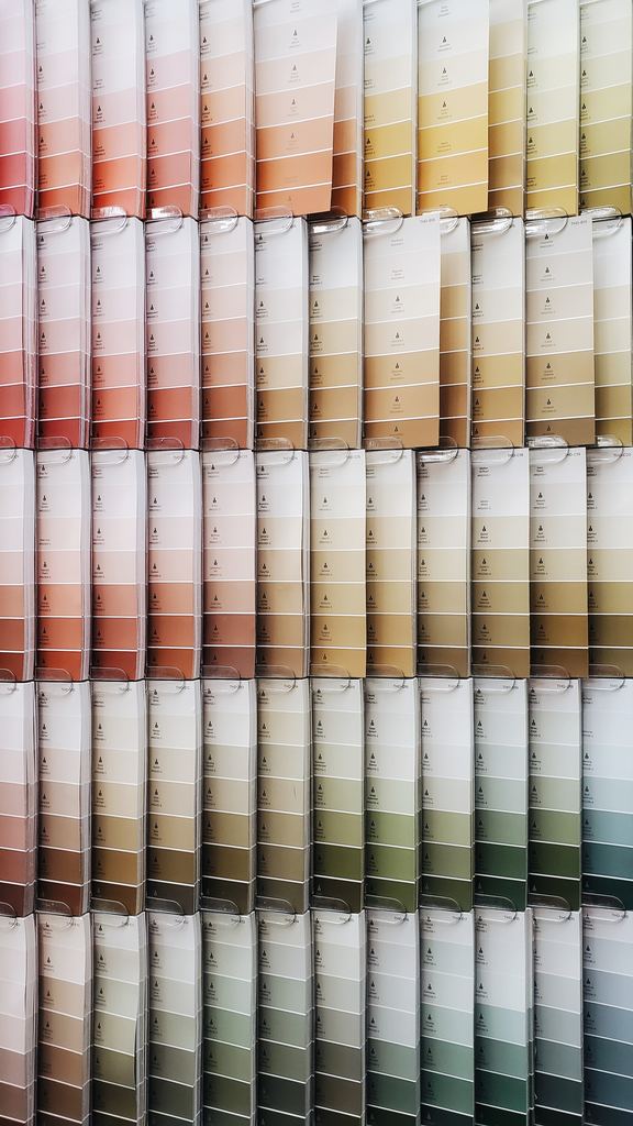 Multiples rows of Pantone paint swatches.